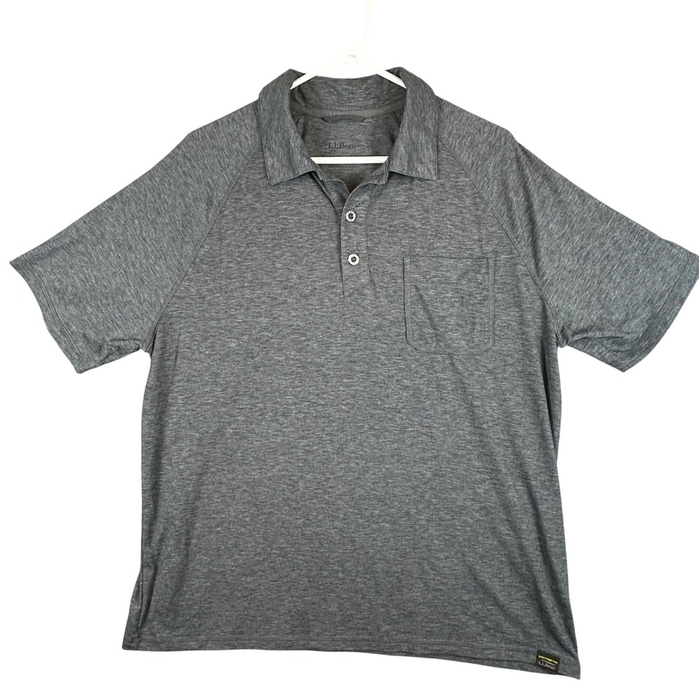 LL Bean Mens Gray Heathered Raglan‎ Short Sleeve Pocket Polo Shirt Large